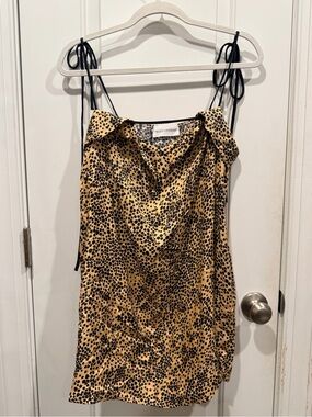 Sezane Satin Slip Dress in Black and Gold Leopard